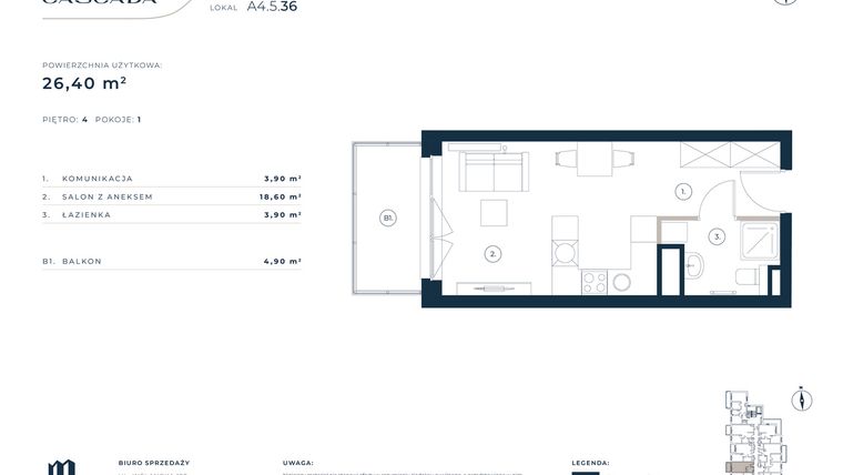 Rzut - Mieszkanie na sprzedaż 1 pokój o powierzchni 26,4 m² - numer A4.5.36 w Cascada