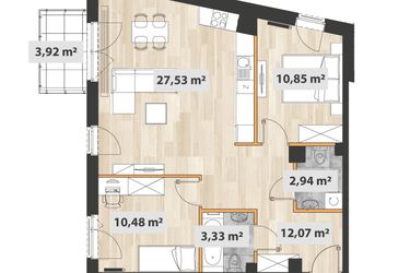 Rzut - Mieszkanie na sprzedaż 3 pokoje o powierzchni 70,33 m² - numer B.01.02 w Na Okrzei