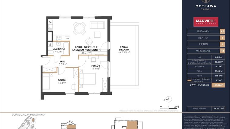Rzut - Mieszkanie na sprzedaż 3 pokoje o powierzchni 66,92 m² - numer A2.M4 w Motława Garden