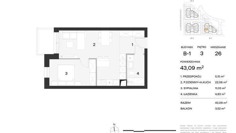 Rzut - Mieszkanie na sprzedaż 2 pokoje o powierzchni 43,09 m² - numer 26 w Koncertowa Dolina