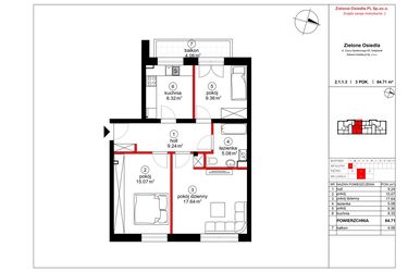 Rzut - Mieszkanie na sprzedaż 3 pokoje o powierzchni 63,59 m² - numer 3 w Czynu Społecznego 65E