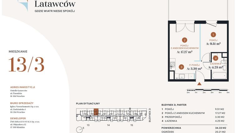 Rzut - Mieszkanie na sprzedaż 2 pokoje o powierzchni 34,33 m² - numer D13-3 w Osiedle Latawców