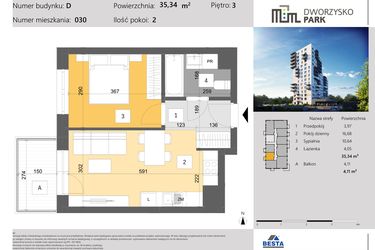 Rzut - Mieszkanie na sprzedaż 2 pokoje o powierzchni 35,34 m² - numer 30 w Dworzysko Park - Etap III