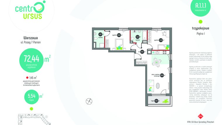 Rzut - Mieszkanie na sprzedaż 3 pokoje o powierzchni 72,44 m² - numer A.1.1.1 w Centro Ursus