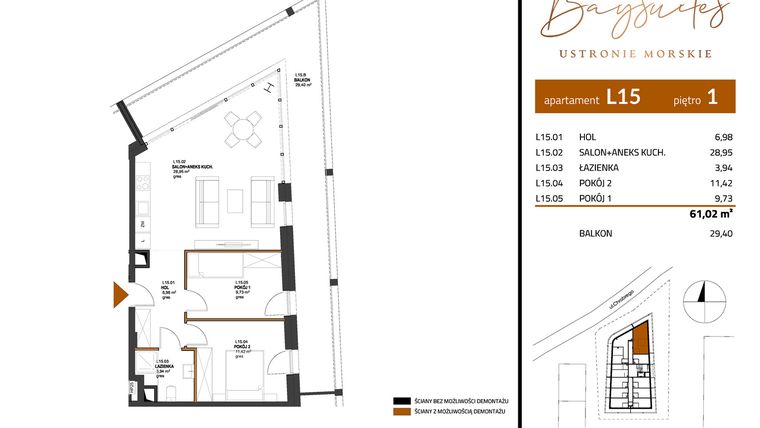 Rzut - Mieszkanie na sprzedaż 1 pokój o powierzchni 61,02 m² - numer AP.1.15 w Baysuites