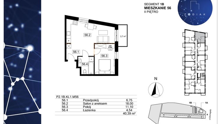 Rzut - Mieszkanie na sprzedaż 2 pokoje o powierzchni 40,39 m² - numer 39/56 w Zodiak