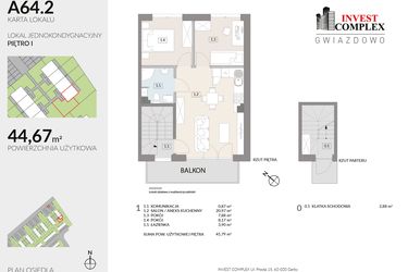 Rzut - Mieszkanie na sprzedaż 3 pokoje o powierzchni 44,67 m² - numer A64.2 w Osiedle Gwiazdowo etap 6B