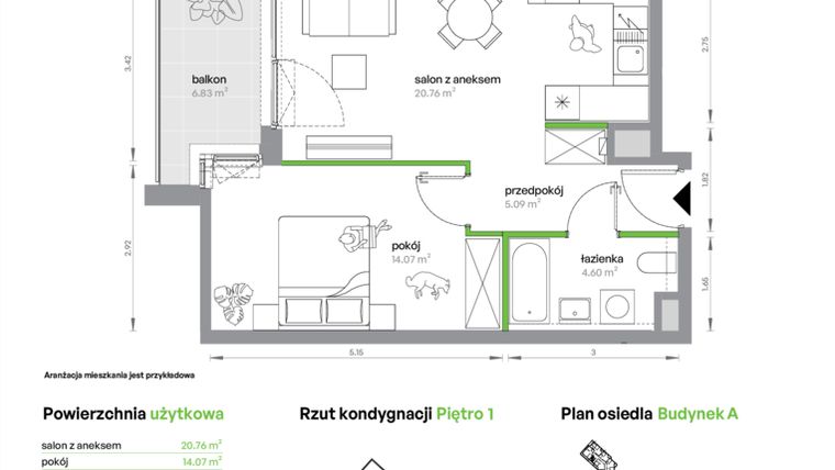 Rzut - Mieszkanie na sprzedaż 2 pokoje o powierzchni 44,52 m² - numer AB0105/4 w M Bemowo
