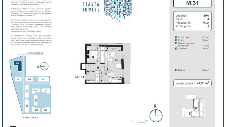 Rzut - Mieszkanie na sprzedaż 2 pokoje o powierzchni 41,93 m² - numer 31 w Piasta Towers bud. 90A