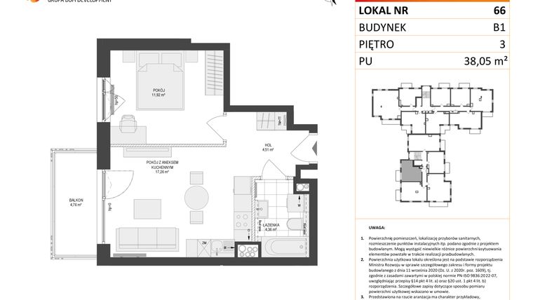 Rzut - Mieszkanie na sprzedaż 2 pokoje o powierzchni 38,05 m² - numer 66 w Locus 2