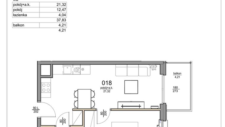 Rzut - Mieszkanie na sprzedaż 2 pokoje o powierzchni 37,83 m² - numer 18 w Rezydencja Liwska 3
