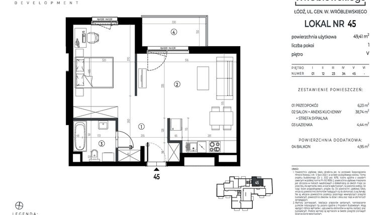 Rzut - Mieszkanie na sprzedaż 1 pokój o powierzchni 49,41 m² - numer A45 w Wróblewskiego
