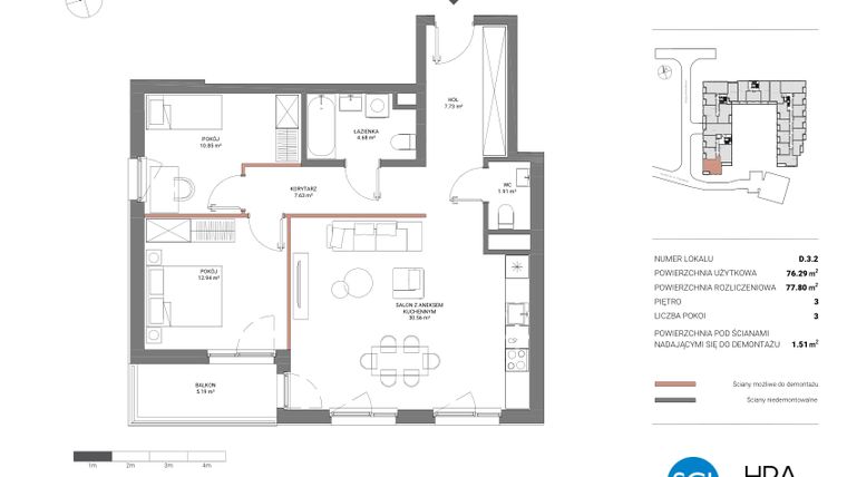 Rzut - Mieszkanie na sprzedaż 3 pokoje o powierzchni 77,8 m² - numer D.3.2 w Łopuszańska 47 - etap 2