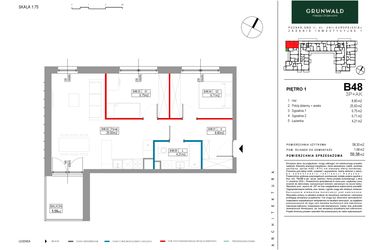 Rzut - Mieszkanie na sprzedaż 3 pokoje o powierzchni 58,3 m² - numer B048 w Grunwald Między Drzewami etap II