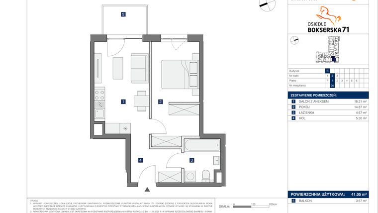 Rzut - Mieszkanie na sprzedaż 2 pokoje o powierzchni 41,05 m² - numer D36 w Osiedle Bokserska 71 Etap 2 Faza 3