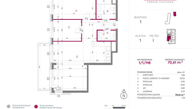 Rzut - Mieszkanie na sprzedaż 3 pokoje o powierzchni 70,61 m² - numer 1/1/M8 w Lechicka 65