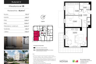 Rzut - Mieszkanie na sprzedaż 3 pokoje o powierzchni 62,43 m² - numer B12.M3B w Novum Rumia