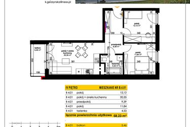 Rzut - Mieszkanie na sprzedaż 3 pokoje o powierzchni 58,23 m² - numer B 4.01 w Park Moniuszki II C
