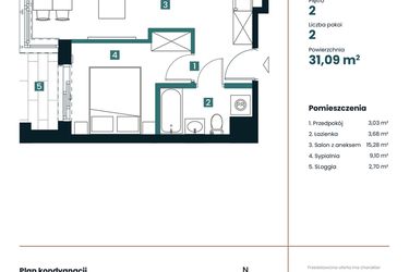 Rzut - Mieszkanie na sprzedaż 1 pokój o powierzchni 31,09 m² - numer M206 w Sea Breeze