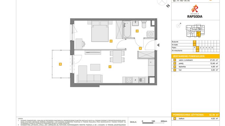 Rzut - Mieszkanie na sprzedaż 2 pokoje o powierzchni 42,59 m² - numer D.8 w Osiedle Rapsodia etap 2