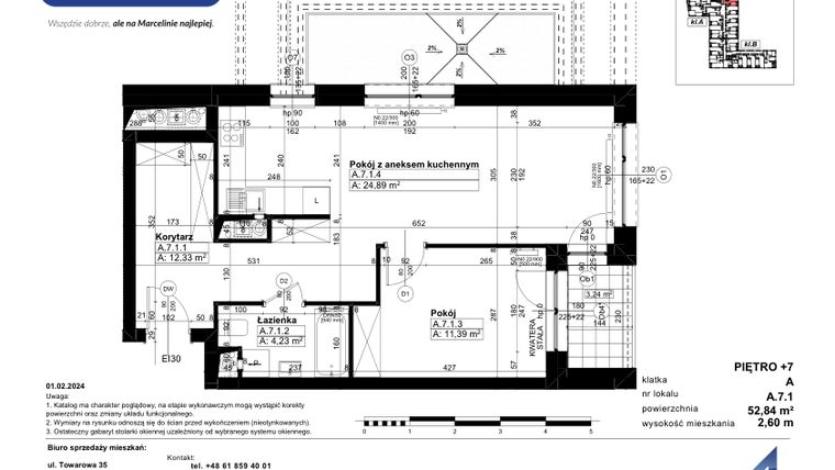 Rzut - Mieszkanie na sprzedaż 2 pokoje o powierzchni 52,84 m² - numer A/7/1 w Świerzawska 13