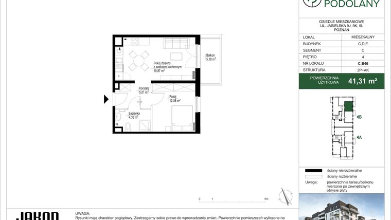 Rzut - Mieszkanie na sprzedaż 2 pokoje o powierzchni 41,19 m² - numer C.B46 w Sielskie Podolany II