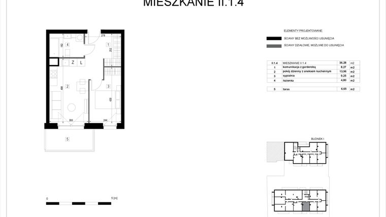 Rzut - Mieszkanie na sprzedaż 2 pokoje o powierzchni 36,36 m² - numer II.1.4 w Pryncypalna 66