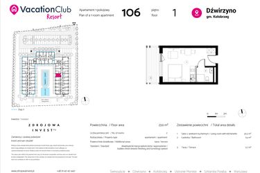 Rzut - Mieszkanie na sprzedaż 1 pokój o powierzchni 23,6 m² - numer 106 w VacationClub Resort