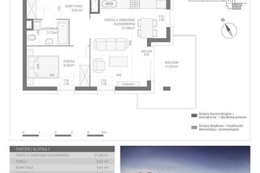 Rzut - Mieszkanie na sprzedaż 2 pokoje o powierzchni 40,92 m² - numer M1 w Apartamenty Przystań bud. F