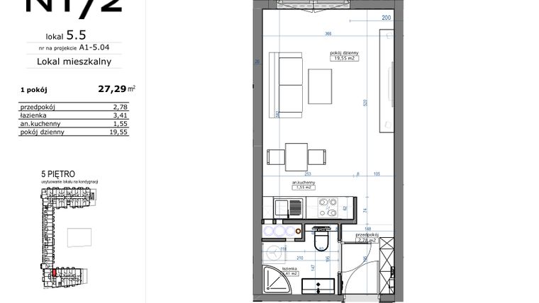 Rzut - Mieszkanie na sprzedaż 1 pokój o powierzchni 27,29 m² - numer 05.05 w Naramowicka 172