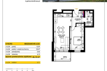 Rzut - Mieszkanie na sprzedaż 2 pokoje o powierzchni 46,15 m² - numer A 6.04 w Park Moniuszki II C