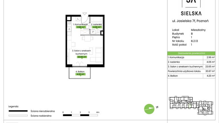 Rzut - Mieszkanie na sprzedaż 1 pokój o powierzchni 30,67 m² - numer B.2.13 w JA_SIELSKA V