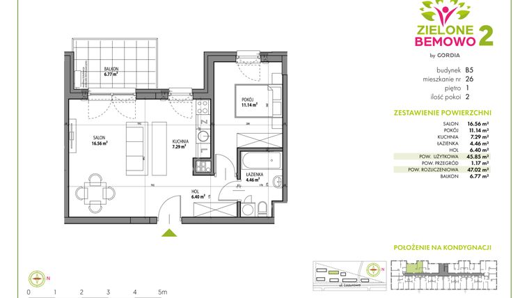 Rzut - Mieszkanie na sprzedaż 2 pokoje o powierzchni 47,02 m² - numer B5-26 w Zielone Bemowo - etap II