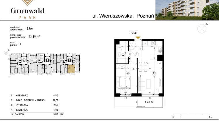 Rzut - Mieszkanie na sprzedaż 2 pokoje o powierzchni 43,89 m² - numer 8 J/6 w Grunwald Park