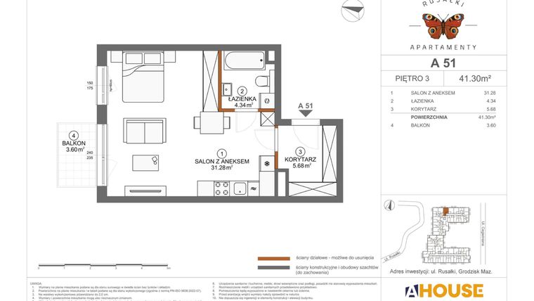 Rzut - Mieszkanie na sprzedaż 1 pokój o powierzchni 41,3 m² - numer A51 w Apartamenty Rusałki