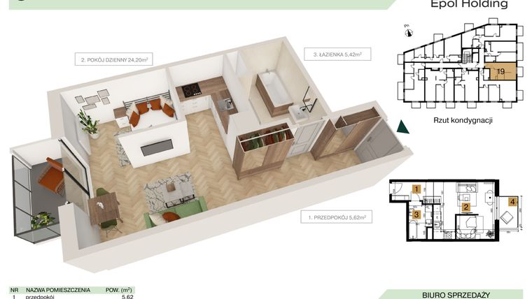 Rzut - Mieszkanie na sprzedaż 1 pokój o powierzchni 35,24 m² - numer B1.M19 w Tutaj Bunscha