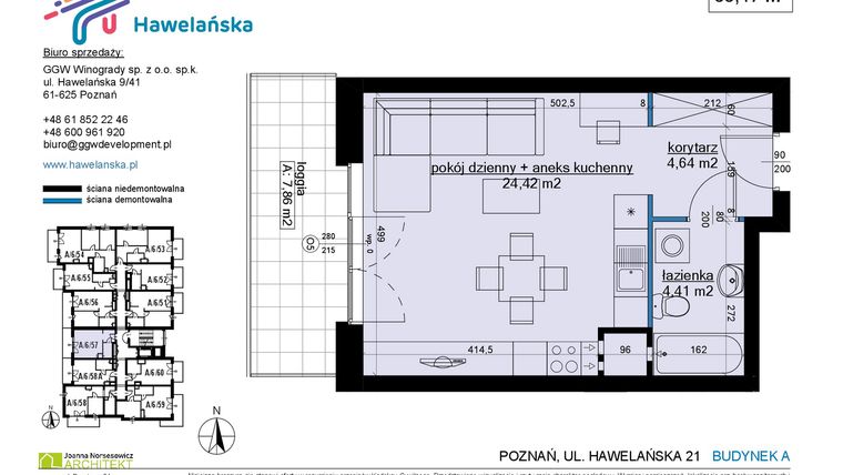 Rzut - Mieszkanie na sprzedaż 1 pokój o powierzchni 33,5 m² - numer A/6/57 w Osiedle Hawelańska etap III - bud. A