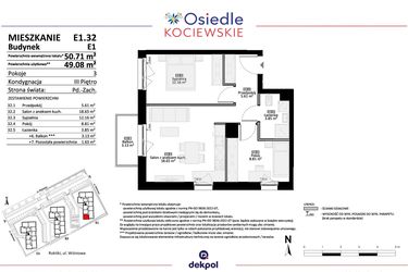 Rzut - Mieszkanie na sprzedaż 3 pokoje o powierzchni 49,08 m² - numer E1.32 w Osiedle Kociewskie bud. E