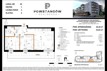 Rzut - Mieszkanie na sprzedaż 3 pokoje o powierzchni 53,03 m² - numer 22 w Powstańców Residence
