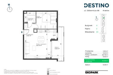 Rzut - Mieszkanie na sprzedaż 2 pokoje o powierzchni 43,59 m² - numer A-23 w Destino