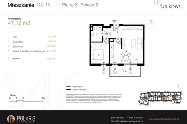 Rzut - Mieszkanie na sprzedaż 2 pokoje o powierzchni 47,12 m² - numer K2.15 w Korkowa 146