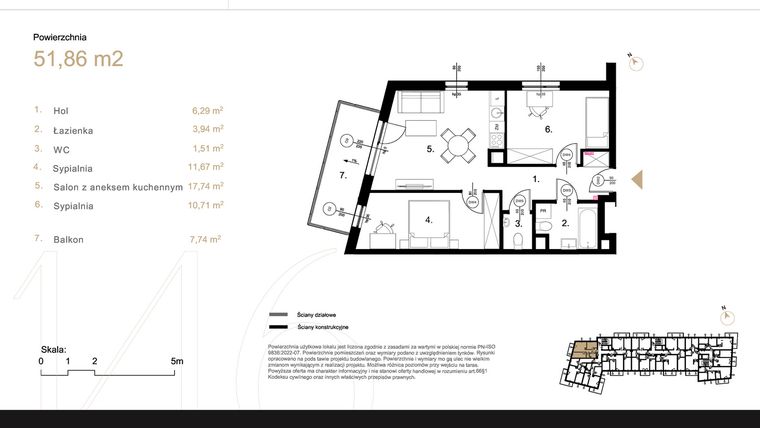 Rzut - Mieszkanie na sprzedaż 3 pokoje o powierzchni 51,86 m² - numer K1.06 w Korkowa 146