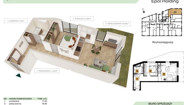 Rzut - Mieszkanie na sprzedaż 2 pokoje o powierzchni 45,2 m² - numer B1.M1 w Tutaj Bunscha