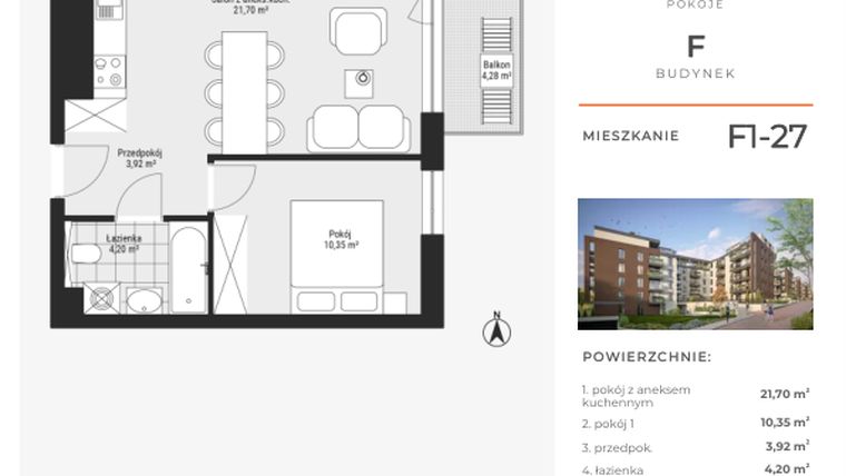 Rzut - Mieszkanie na sprzedaż 2 pokoje o powierzchni 40,17 m² - numer F1-27 w Na Koszutce II