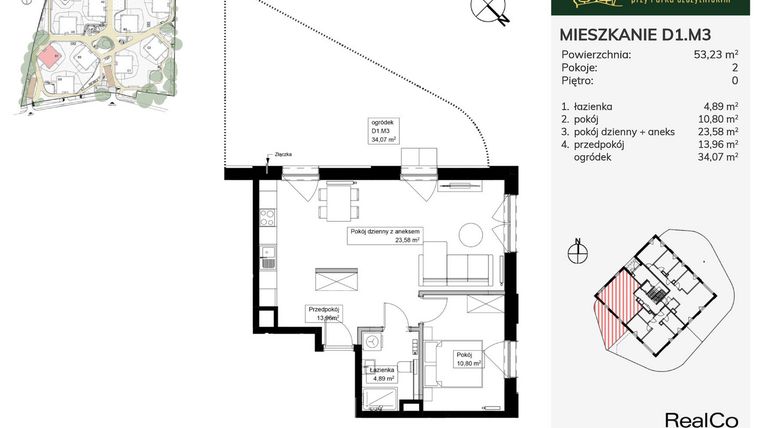 Rzut - Mieszkanie na sprzedaż 2 pokoje o powierzchni 53,23 m² - numer D1.M3 w Apartamenty przy Parku Szczytnickim
