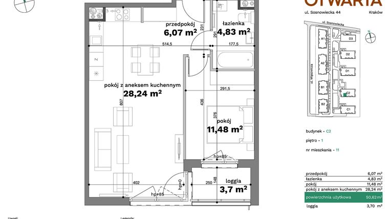 Rzut - Mieszkanie na sprzedaż 2 pokoje o powierzchni 50,62 m² - numer C2-11 w Forma Otwarta etap C