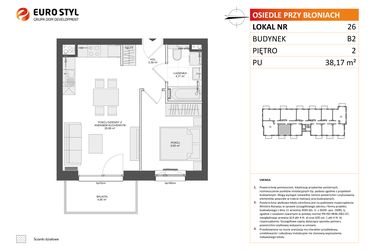 Rzut - Mieszkanie na sprzedaż 2 pokoje o powierzchni 38,17 m² - numer B2.26 w Osiedle Przy Błoniach 3 etap III