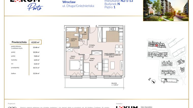 Rzut - Mieszkanie na sprzedaż 3 pokoje o powierzchni 62,82 m² - numer N2-1-13 w Lokum Porto etap V bud. N