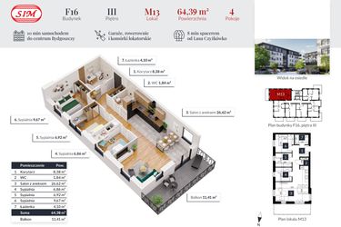 Rzut - Mieszkanie na sprzedaż 4 pokoje o powierzchni 64,39 m² - numer M13 w Tęczowy Zakątek F-16