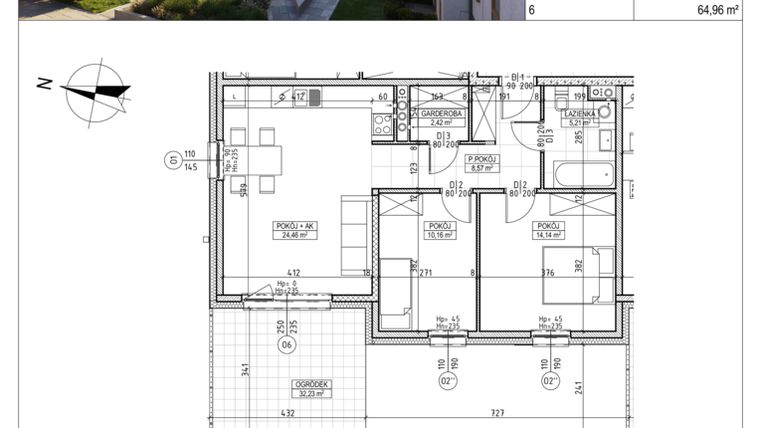 Rzut - Mieszkanie na sprzedaż 3 pokoje o powierzchni 64,96 m² - numer M.B7.00.05 w Osiedle Harmonia bud. B7